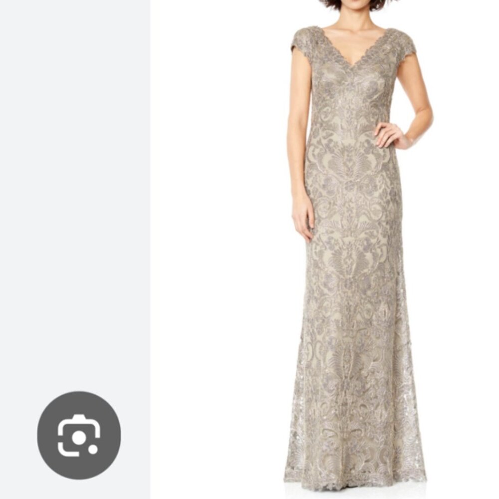 Tadashi Shoji smokepearl Corded Embroidery on Tulle Cap Sleeve Dress